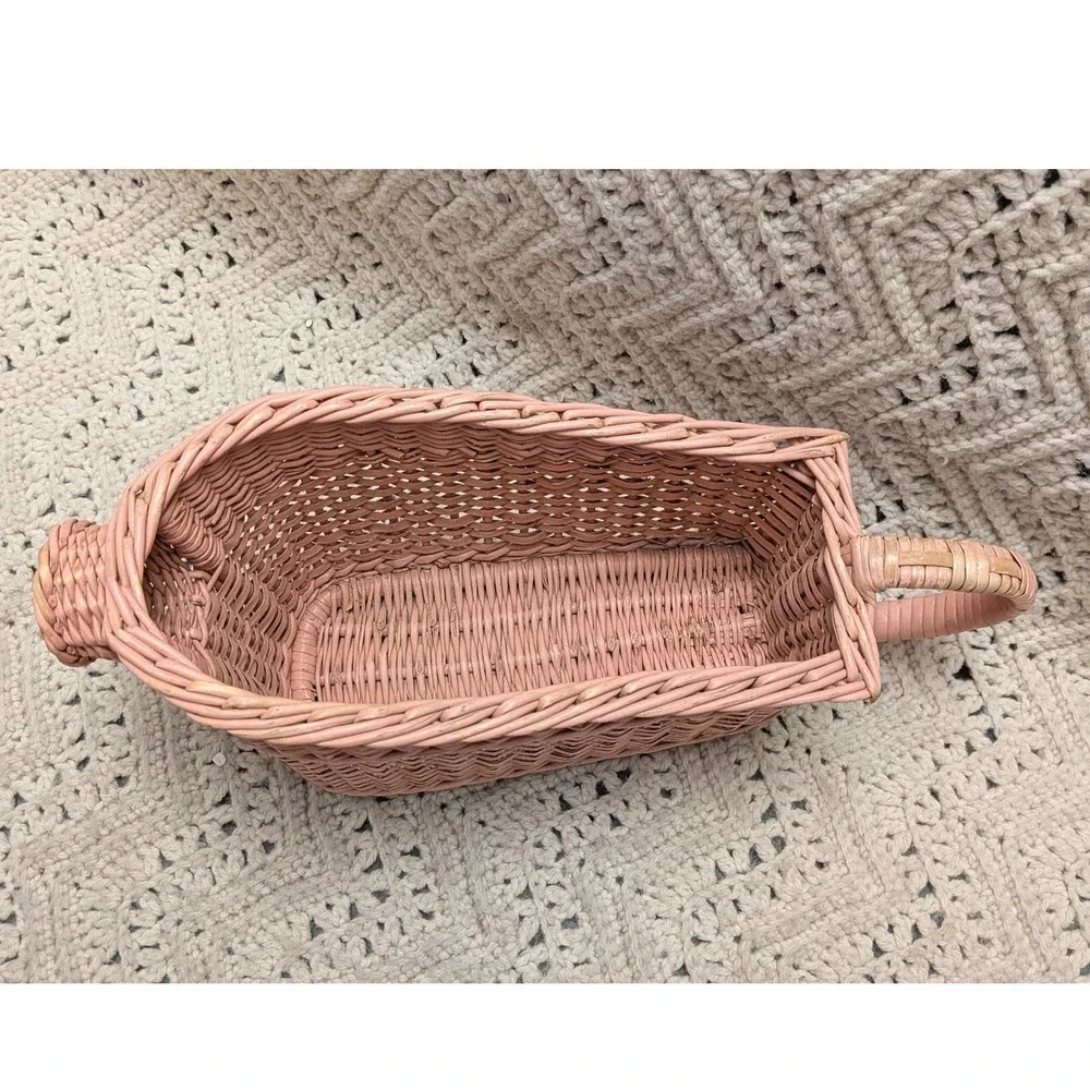 Vintage Pink Wicker Yarn Basket Scoop Shape Woven Storage with Handle